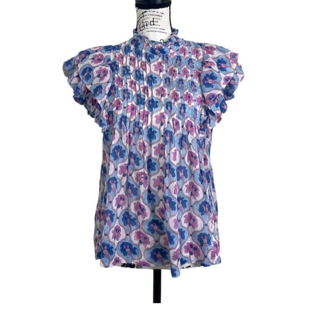 OLIPHANT - Floral Pleated Cap-Sleeve Blouse in Blue and Purple